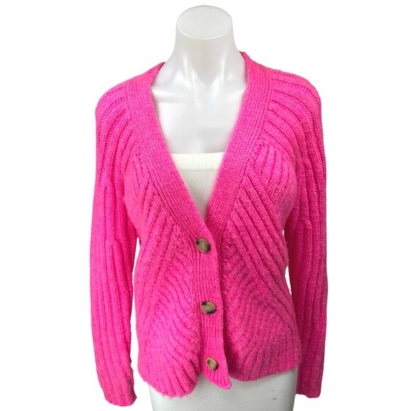 Aqua Pink Ribbed Knit Button Down Long Sleeve V Neck Cardigan Sweater Top Size M - Picture 1 of 4